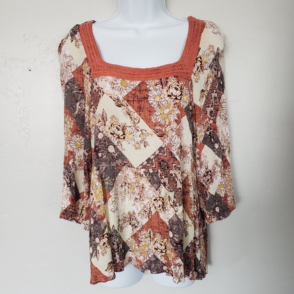 Maurices Medium Boho Patchwork Blouse Quarter Sle… - image 1